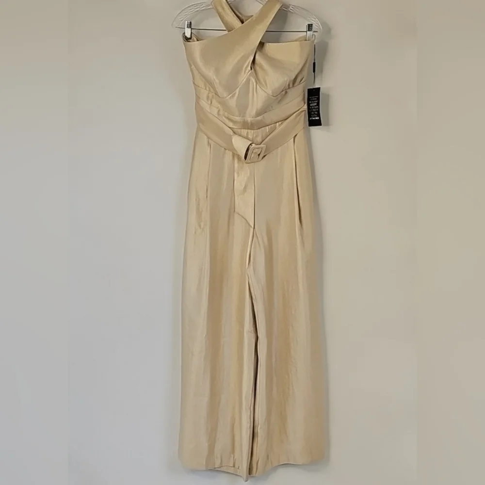 WHBM Champagne Gold Wide Leg Halter Jumpsuit wFront Pockets Cocktail Coquette - Picture 3 of 16